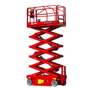 Nacelle à ciseaux, S1012Ⅱ, hauteur de travail 12 m, capacité 320 kg, plateforme élargie, 4x2, pneus non marquants, système hydraulique fiable, batterie lithium en option, entretien facilité, travail intérieur et extérieur, commande intuitive, stabilité en pente 25%, rayon de braquage 2,45 m, productive, polyvalente, idéale pour maintenance et installations.