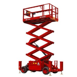 Plateforme ciseaux tout-terrain SR1018D LGMG – Hauteur de travail 11.7 m, capacité 454 kg, moteur diesel Kubota, traction 4x4, essieux oscillants, plateforme extensible 1.52 m. Idéale pour chantiers exigeants. Sécurité, stabilité et performance pour le travail en hauteur.