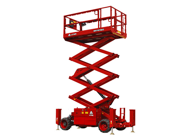 Plateforme ciseaux tout-terrain SR1018D LGMG – Hauteur de travail 11.7 m, capacité 454 kg, moteur diesel Kubota, traction 4x4, essieux oscillants, plateforme extensible 1.52 m. Idéale pour chantiers exigeants. Sécurité, stabilité et performance pour le travail en hauteur.