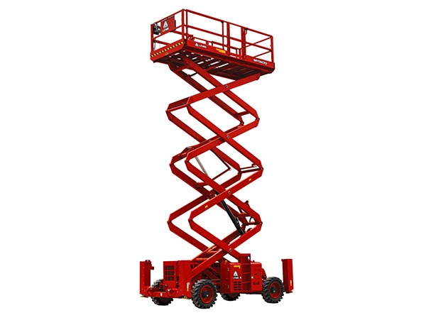 Plateforme ciseaux SR1323D LGMG, nacelle élévatrice, hauteur 15m, capacité 910kg, 4x4, essieux oscillants, pneus pleins, moteur diesel Deutz, stabilité terrain difficile, nivellement automatique, système de surcharge, alarme mouvement, entretien facile, plateforme d'extension, sécurité chantier, performance, travaux en hauteur, maintenance industrielle.