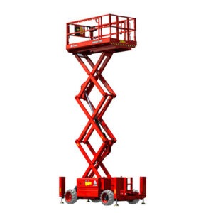 SR0818E, plateforme élévatrice tout terrain, grande capacité, batterie, zéro émission, silencieux, compacité, essieux oscillants, terrains accidentés, pieds de support hydrauliques, autodiagnostic intelligent, dépannage rapide, produit écologique, performances exceptionnelles, hauteur de travail 9.7m, capacité de la plateforme 680kg, mode d'entraînement 4x2, pneus remplis de mousse, rayon de braquage 4.75m.