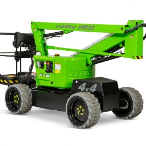 Nacelle 12m 4x4 HR12, compacte et puissante, idéale pour terrains difficiles. Diesel + batterie, portée 6,1 m, plateforme sécurisée et facile à manœuvrer.
