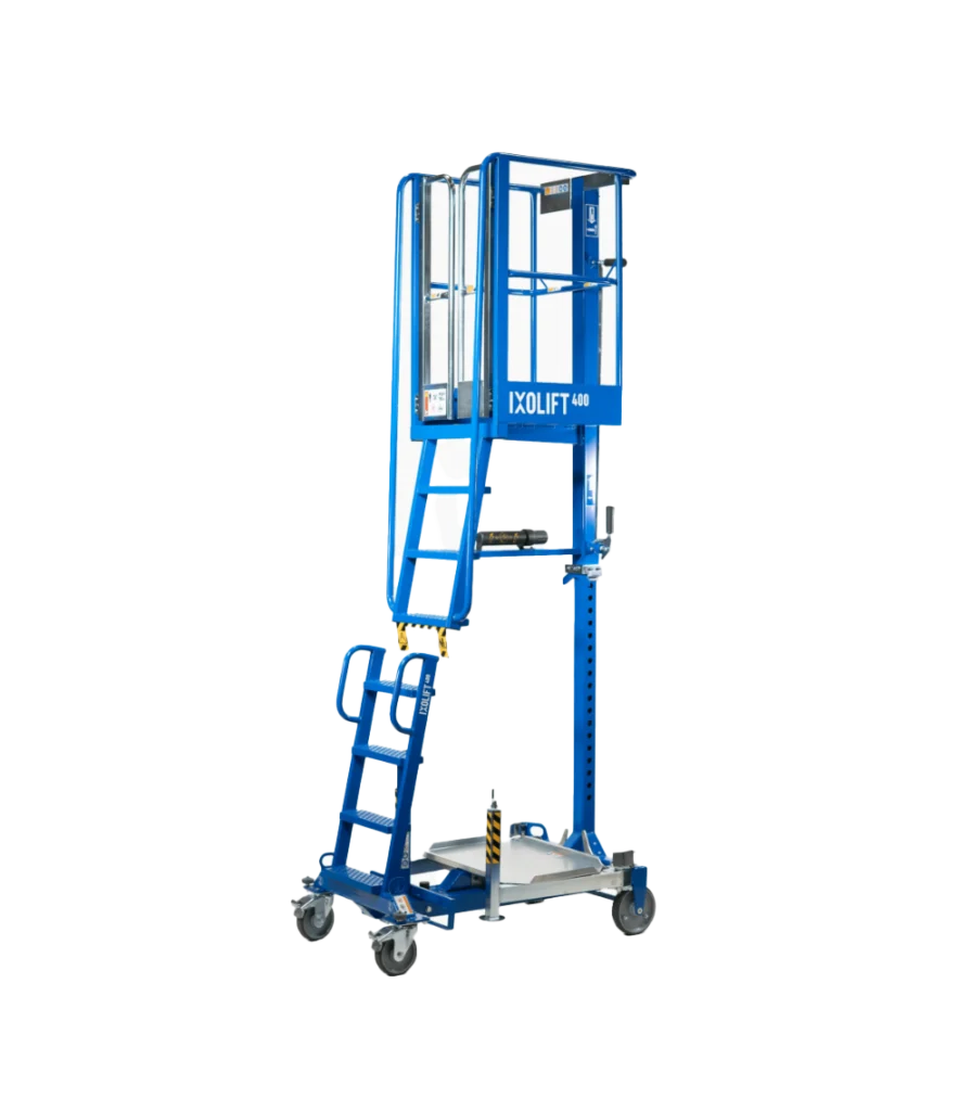 IXOLIFT X400 – Plateforme de travail sécurisée, hauteur de travail 4 m, capacité 150 kg, réglage par vérin à gaz, freins automatiques, compacte et sans entretien, alternative aux échelles, conforme CE et EN 280.
