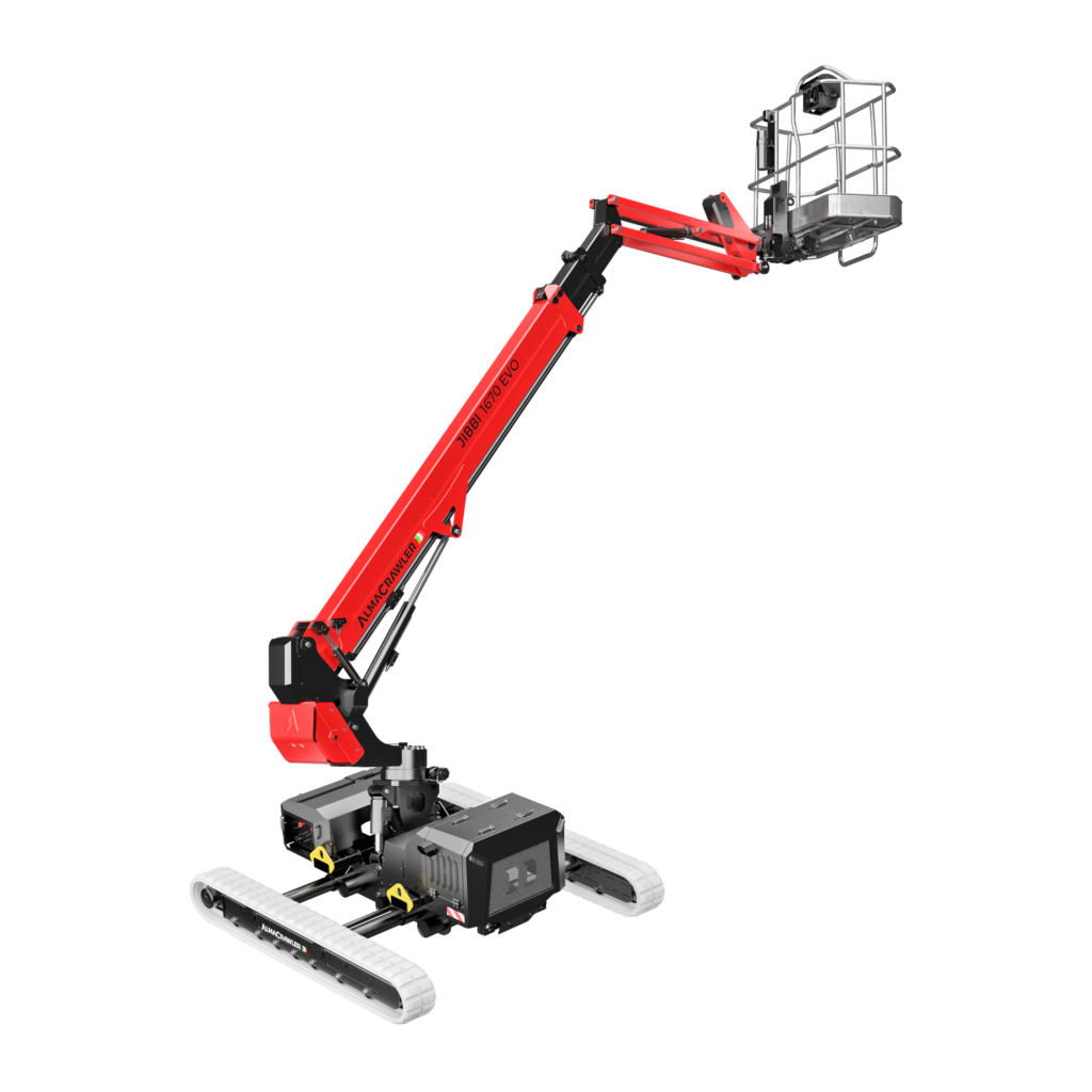 Plateforme élévatrice sur chenilles JIBBI 1670 EVO - Hauteur de travail 16 m, bi-nivellement automatique, moteur diesel puissant, idéale pour terrains en pente et chantiers extérieurs.