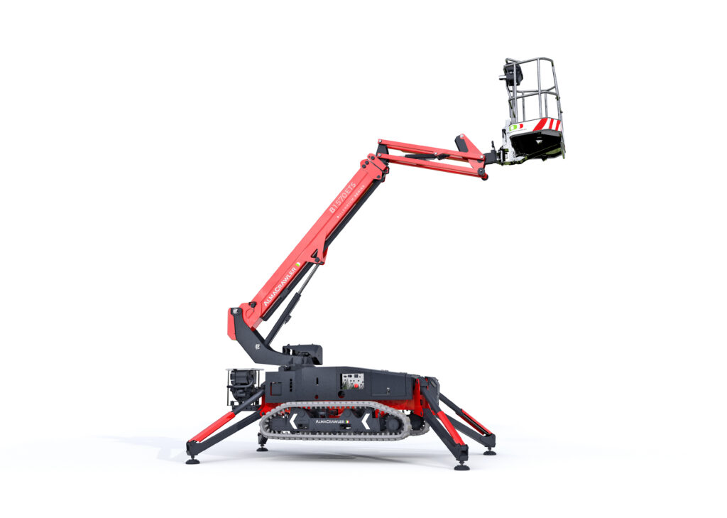 nacelle chenilles 15m stabilisateurs, plateforme élévatrice 15m automatique, nacelle compacte chantier pente, nacelle stabilisée 230 kg, nacelle Honda iGX390 15m, spiderboom terrain difficile