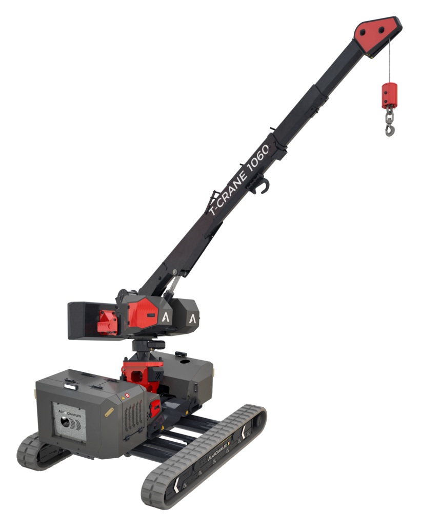 Mini-grue mobile chenilles 1t T-Crane 1060 LTH, 100 % électrique, capacité 990 kg, idéale pour levage en intérieur, terrains accidentés ou chantiers compacts.