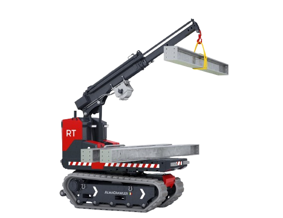 Transporteur à grue sur chenilles 1t M-Crane 1030 RT – Grue tout-terrain sur chenilles, capacité 1500 kg, avec grue 990 kg, télécommande radio, et système de nivellement dynamique.