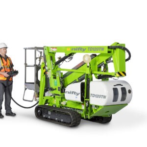 Nacelle 12m sur chenilles diesel, nacelle araignée compacte, nacelle élévatrice tout-terrain, plateforme élévatrice 12m, nacelle articulée diesel, nacelle pour accès restreints, nacelle avec stabilisateurs hydrauliques, nacelle pour terrains accidentés, nacelle Niftylift TD120TN, nacelle pour travaux en hauteur.