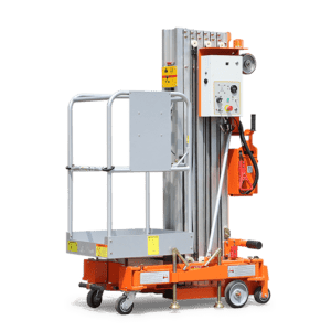 mat vertical 9m électrique compact léger sécurisé intérieur charge 150kg élévation 9m batterie 12V manutention chantiers hauteur