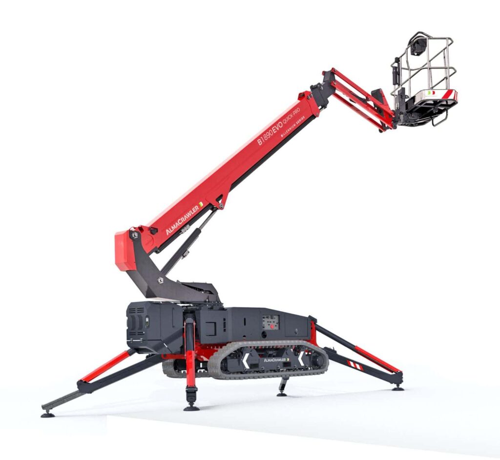 nacelle chenilles 18m stabilisateurs Diesel, nacelle 250 kg Yanmar, plateforme stabilisation automatique Quick-Pro, spiderboom AlmaCrawler, nacelle compacte chantier difficile, nacelle portée 10,8m motorisée Diesel