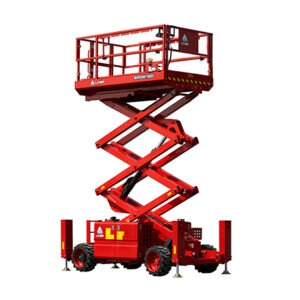 Plateforme ciseaux tout-terrain SR0818D – 9,7 m de hauteur de travail, capacité 680 kg, traction 4x4, moteur Kubota 18,5 kW, plateau extensible 1,52 m, stabilité optimale, idéal chantiers difficiles.