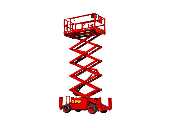 SR1218D LGMG, élèvateur à ciseaux tout terrain, hauteur de service 13.9m, quatre roues motrices, moteur diesel Kubota, charge 365kg, pneus en mousse, pieds de support hydrauliques, stabilité terrain accidenté, plateforme d’extension 1.52m, manœuvre agile, système d’autodiagnostic intelligent, rayon de virage 4.75m, hauteur de montée 11.9m, capacité de charge plateforme 365kg, vitesse montée 61s, vitesse descente 55s.