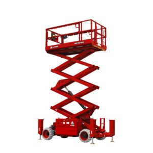 SR1018E, élévateur à ciseaux tout terrain, plateforme spacieuse, grande capacité, alimentation par batterie, sans émissions, silencieux, essieux oscillants, performances sur terrain accidenté, pieds de support hydrauliques, dépannage rapide, système d'autodiagnostic intelligent, productivité, écologique, terrains irréguliers.