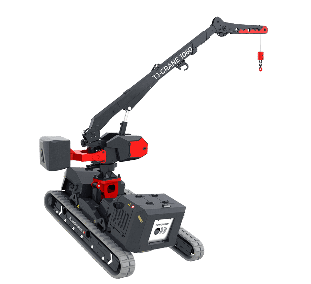Mini-grue chenilles électrique TJ-Crane 1060, capacité 990 kg, hauteur de levage 8,7 m, portée 7,1 m, auto-nivellement 22°, version diesel ou lithium 300Ah.