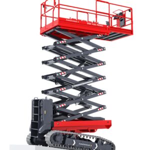 Plateforme ciseaux 14m chenilles diesel robuste et polyvalente, idéale pour les terrains accidentés. La BIBI 1490 EVO offre un système bi-nivelant automatique, une motorisation Yanmar fiable, et une capacité de 400 kg pour les travaux en hauteur sur sol irrégulier