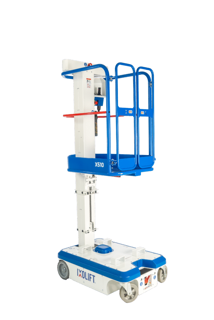 mât vertical 5m électrique compact sécurisé sans entretien silencieux propre sans hydraulique intérieur extérieur logistique maintenance bâtiment retail industrie santé plateforme élévatrice mobile accès hauteur travail en hauteur échelle alternative nacelle légère environnement confiné stabilisateur batterie sans huile autonome EN280