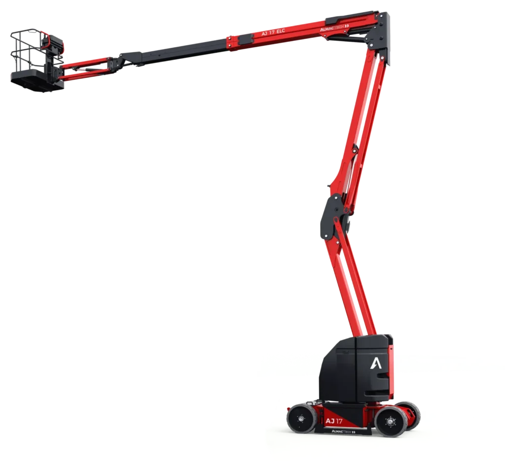 Nacelle 17m articulée électrique AJ17 ELC AlmacTech – plateforme compacte, zéro émission et performante pour maintenance industrielle et travaux en hauteur.