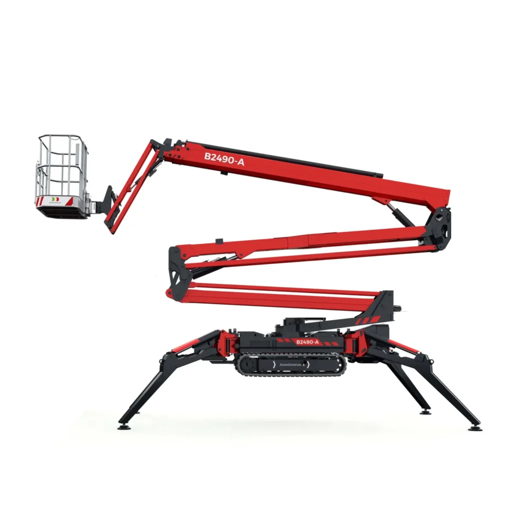 Nacelle araignée 23m Billennium B2490-A sur chenilles, double pantographe et bras articulé, compacte et puissante pour travaux en hauteur précis et sécurisés.