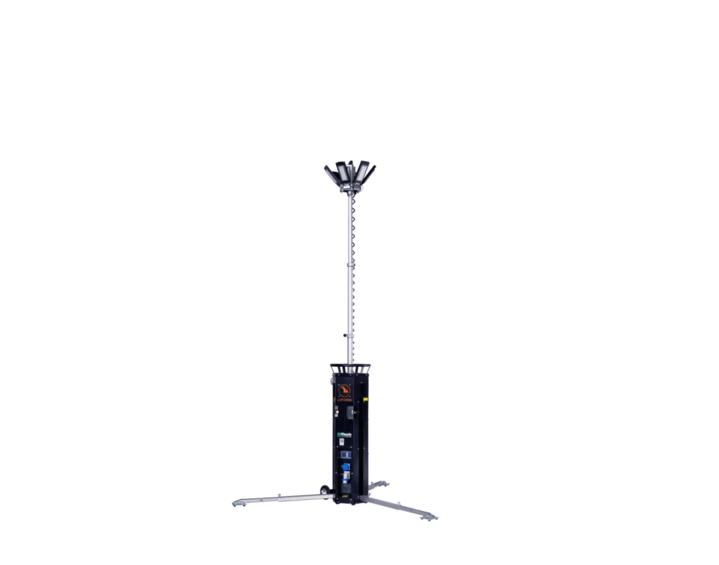 Mât d’éclairage compact Luxtower LUX S11 avec projecteurs LED 6×80 W, mât pneumatique rotatif à 360°, mobile, léger et idéal pour chantiers ou événements extérieurs.