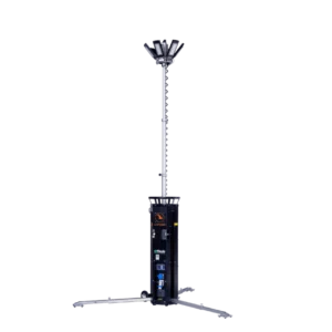 Mât d’éclairage compact Luxtower LUX S11 avec projecteurs LED 6×80 W, mât pneumatique rotatif à 360°, mobile, léger et idéal pour chantiers ou événements extérieurs.